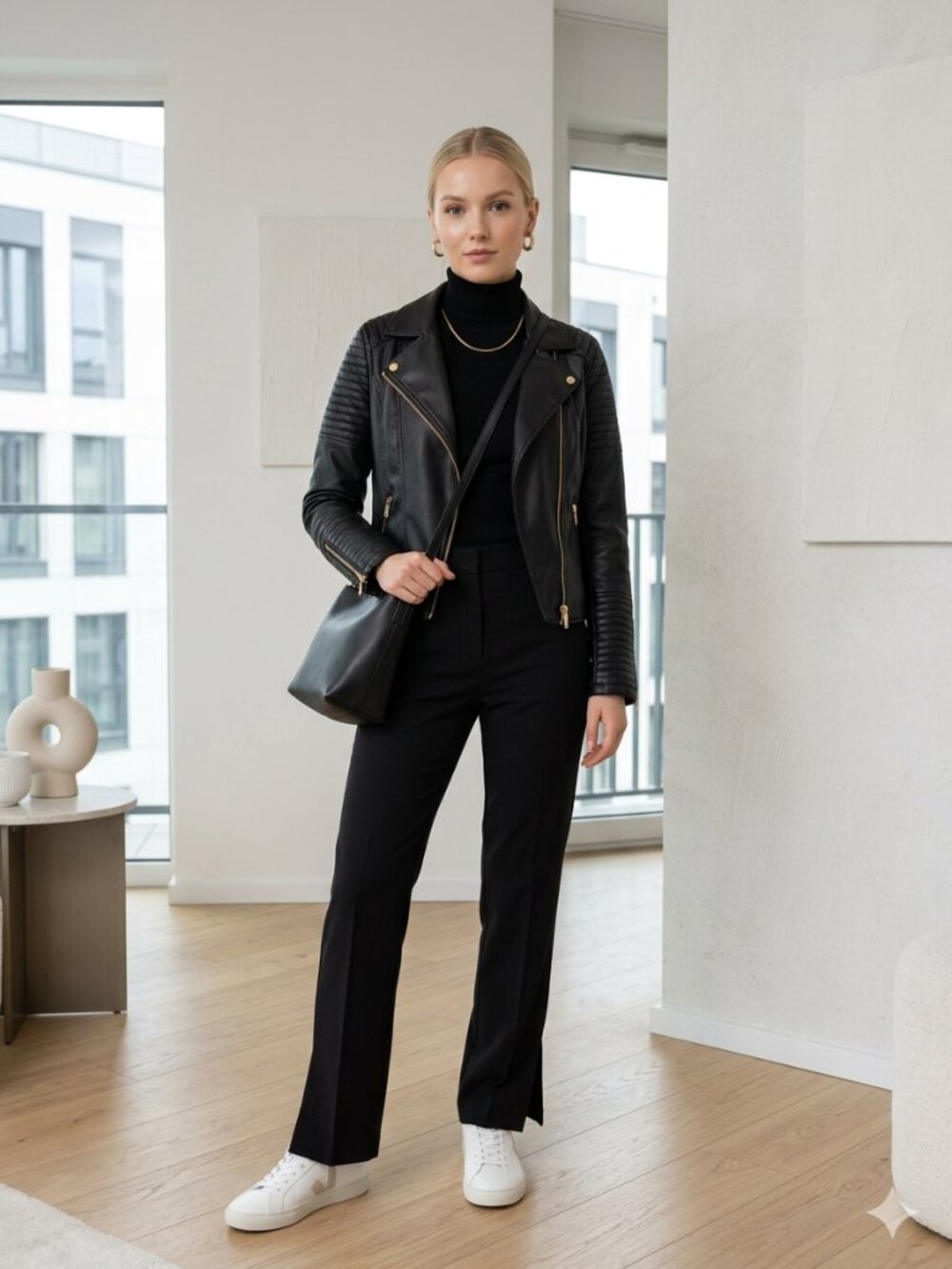H&M Black Faux Leather Jacket with Gold Accents